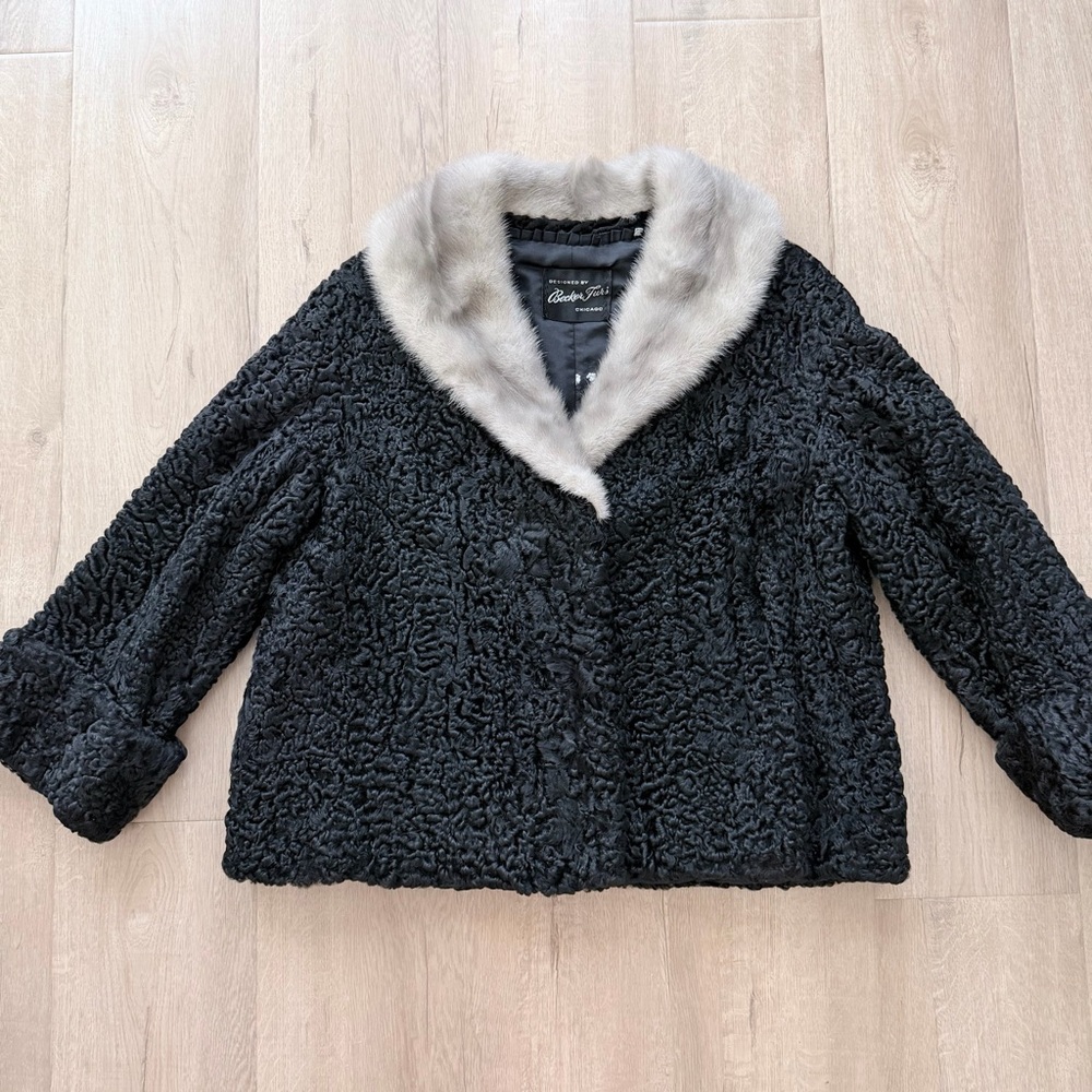 Vtg Persian Lamb Black Fur Jacket With Silver Mink Collar Short Coat Jacket M/L